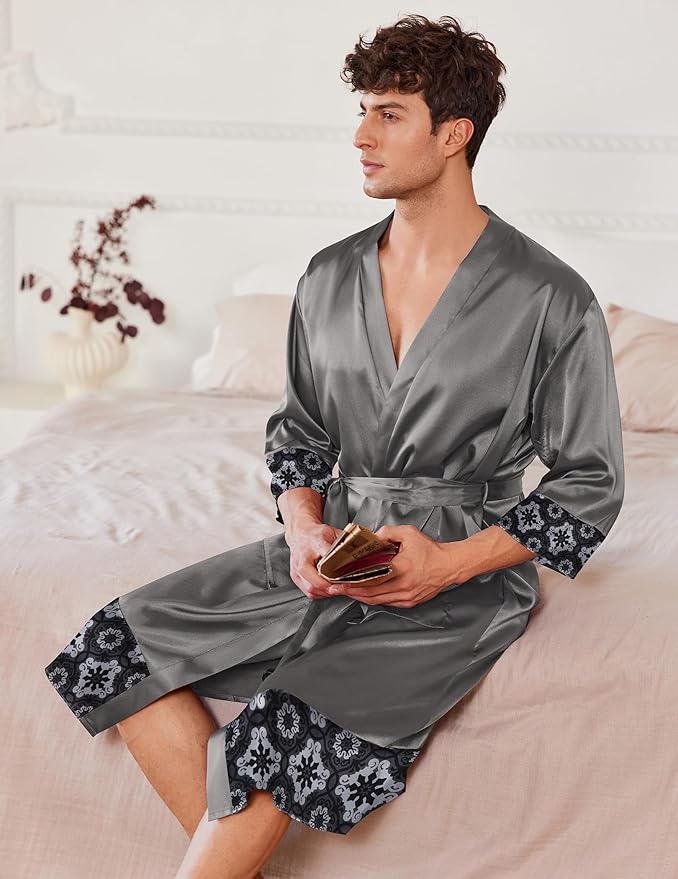 Ekouaer Mens Satin Robe Lightweight Silky Kimono Bathrobe 3/4 Sleeve Spa Knee Length Loungewear with Pockets S-3XL