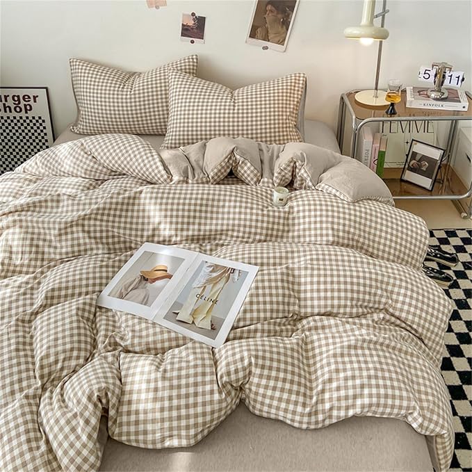 Nayoroom Gingham Duvet Cover Queen Size Brown Tan Plaid Checkered Comforter Cover 3 Pieces Soft Lightweight Washed Microfiber Farmhouse Grid Dorm Bedding Set with Pillowcases