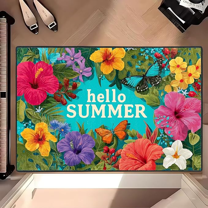 Hello Summer Area Rug 2x3 ft Entry Rug Washable Boho Rugs Non Slip Low Pile Floral Door Mat Small Carpet for Bedroom, Bedside, Kids Room, Office, Dining Room