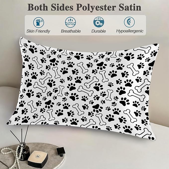 Silk Like Pillowcase for Hair and Skin Black Paw Prints and Bones 1 Pack Satin Pillowcase with Hidden Zipper Soft Breathable Smooth Cooling Pillow Cover King Size for Bedroom Sofa 20”x36”