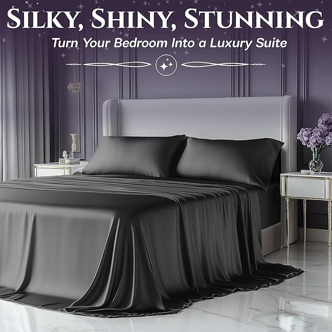SLEEP SANCTUARY Satin Sheets King Size – 4 Piece Luxury Silky Bed Set, Softer Than Silk, 15" Deep Pocket, Cooling & Wrinkle-Free, Moisture-Wicking & Breathable for Hair & Skin (Stone Grey)