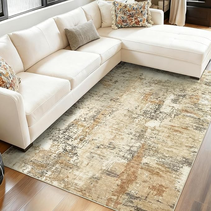 CRYPTOLITE Abstract Area Rug 5x7 Washable Rug with Non-Slip Backing Low Pile Area Rug Area Rugs for Living Room, Bedroom, Dining Room, Khaki