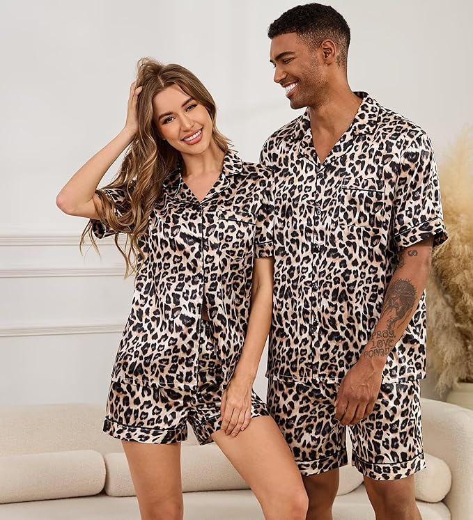SWOMOG Satin Matching Pajamas Sets Couple Silk Button Down Nightwear Women & Men Short Sleeve Sleepwear 2 Pieces Loungewear