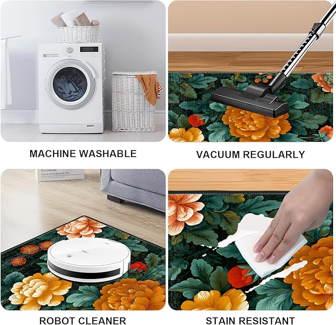 Vintage Floral Spring Area Rug 2x3 ft Entry Rug Washable Boho Rugs Non Slip Low Pile Vintage Floral Door Mat Small Carpet for Bedroom, Bedside, Kids Room, Office, Dining Room