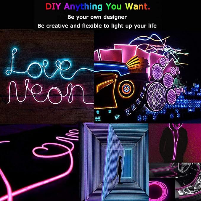 JIGUOOR USB Rechargeable EL Wire 32.8ft/10m (5mx2) Bright Neon Light Strip 360° Illumination Neon Tube Rope Lights for DIY, Festival, Party Decoration, Halloween, Chrismas (32.8ft/10M, Pink)