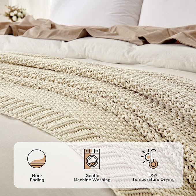 Joydeco Chunky Cable Knit Throw Blanket, Lightweight 100% Cotton Soft Cozy Throw Twin Blanket for Couch Bed and Sofa, Rustic Breathable Farmhouse Blanket Gift for Women Men(Cream White, 60"x80")