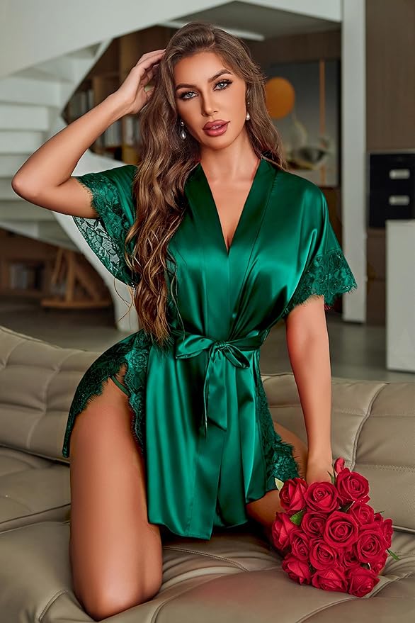 Avidlove Women Lingerie Robe Satin Sleepwear Eyelash Lace Kimono Side Split Sexy Silk Robes