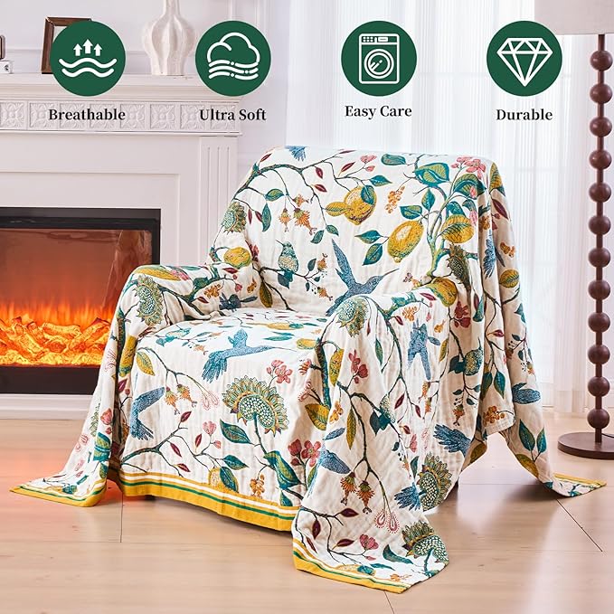 Boho Throw Blanket for Bed - 100% Cotton Ultra Soft Luxury Throw Rustic Fall Quilt,Bird Printed Farmhouse Decor Bed Blankets,Throw for Living Room Sofa Couch Chair(Flower-Bird, 60" x 75")
