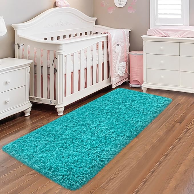 Runner Rug for Bedroom 2x6 Teal Blue Fluffy Shaggy Rug Soft Plush Fuzzy Area Rug Bedside Runners for Hallway Kids Nursery Dorm Playroom Living Room Modern Indoor Decor Carpet