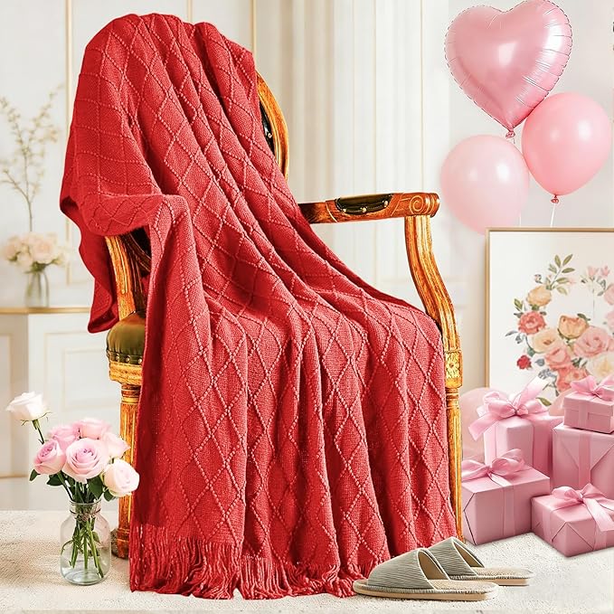 inhand Red Knitted Throw Blanket for Couch Bed, Mothers Day/Mom Birthday Gifts for Mom from Daughter Son, Soft Lightweight with Tassels, Farmhouse Warm Decorative Blanket for Women, 60"x80"