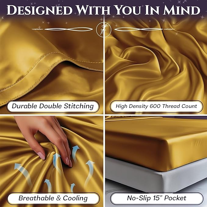 SLEEP SANCTUARY Satin Sheets King Size – 4 Piece Luxury Silky Bed Set, Softer Than Silk, 15" Deep Pocket, Cooling & Wrinkle-Free, Moisture-Wicking & Breathable for Hair & Skin (Gold)
