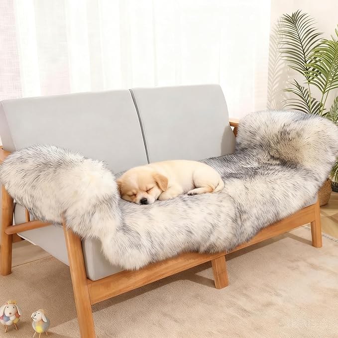 Genuine Sheepskin Rug with Little Patches-Real Wool Throw Carpet Pad for Bedroom Floor Living Room Sofa Fur(Wolf Tipped, 2FT×6FT Patchwork)