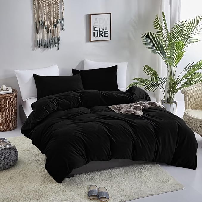 Luxlovery Black Velvet Comforter Set King Men Plush Fluffy Black Bedding Set Dark Color Minimalist Bedding Set Solid Modern Blanket Quilts Winter Warm Flannel Comforter Set for King Bed