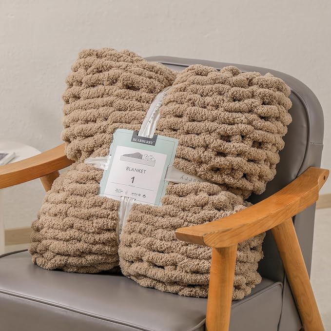 bearberry Chunky Knit Throw Blanket 60x80 Inches Handmade, Soft Jumbo Chenille Yarn with Cable Rope Knot Design | Thick Cozy Large Blanket for Couch, Sofa, Bed & Living Room Home Decor | Khaki