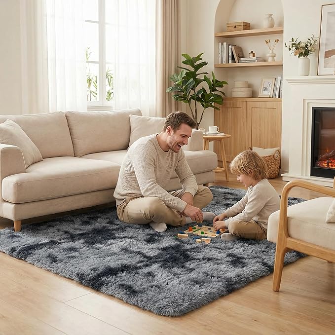 duduta Grey Plush Area Rugs for Bedroom 5x8 ft, Fluffy Carpet for Living Room Kids Room, Large Shag Dorm Rug, Washable Non Slip