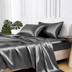 MR&HM Satin Bed Sheets, California King Size Sheets Set, 4 Pcs Silky Bedding Set with 15 Inches Deep Pocket for Mattress (California King, Dark Grey)
