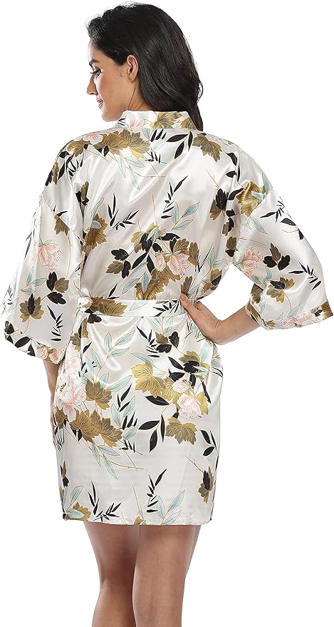 Women's Floral Satin Robes Bride Bridesmaid Getting Ready Robe Short Silky Kimono Sleepwear for Wedding Party