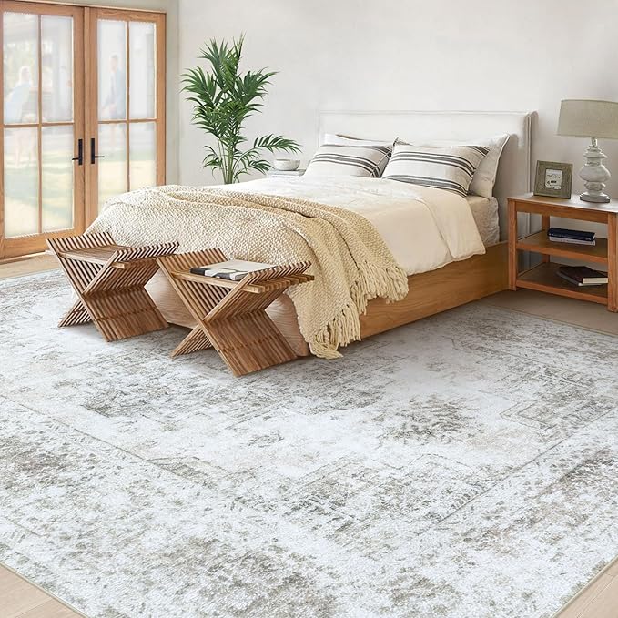 XLUEZ Area Rug 10x14 Living Room Rugs, Machine Washable Vintage Distressed Medallion Rug Non-Slip Soft Low Pile Large Indoor Rugs for Bedroom Kitchen Dining Room Office(Taupe,10'x14')