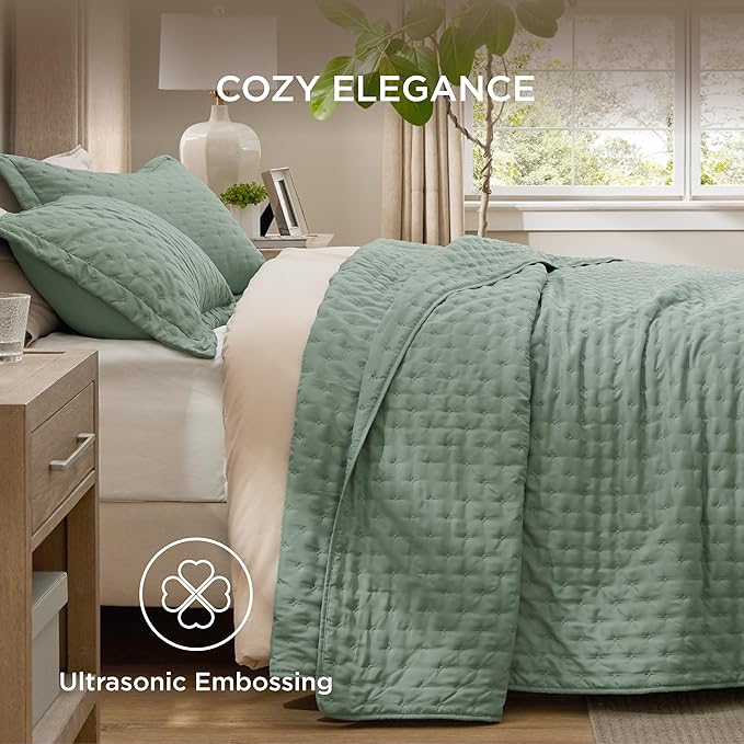 Bedsure Quilts Queen Size - Sage Green Bedspread Queen Size & Lightweight Comforter, Modern & Boho Coverlet with Clover Pattern, Ultra Soft All-Season Bedding, 90 x 96 Inches | Stitch-Free Quilting, Ultra Soft, Lightweight, Machine Washable, Pet-Friendly