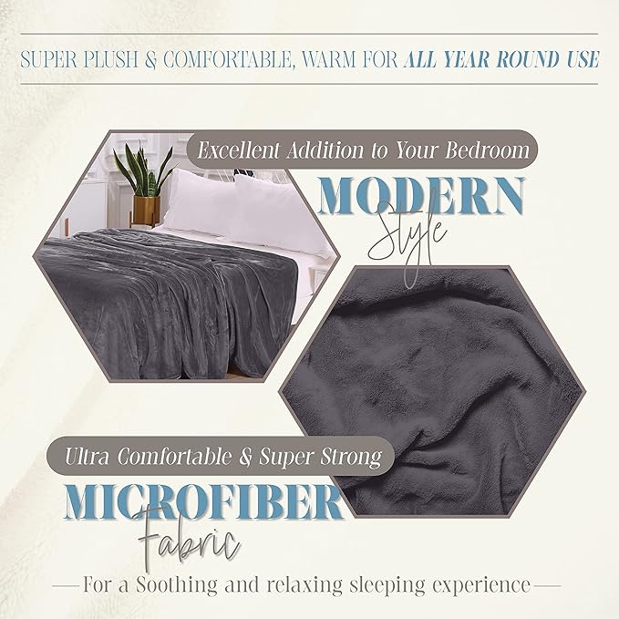 Elegant Comfort Luxury Velvety Feel Blanket, All-Season Lightweight Blanket, Ultra Plush, Soft, Cozy-Fuzzy Flannel Fleece for Couch, Sofa, Bed, Travel, Solid Design, Full/Queen, Grey