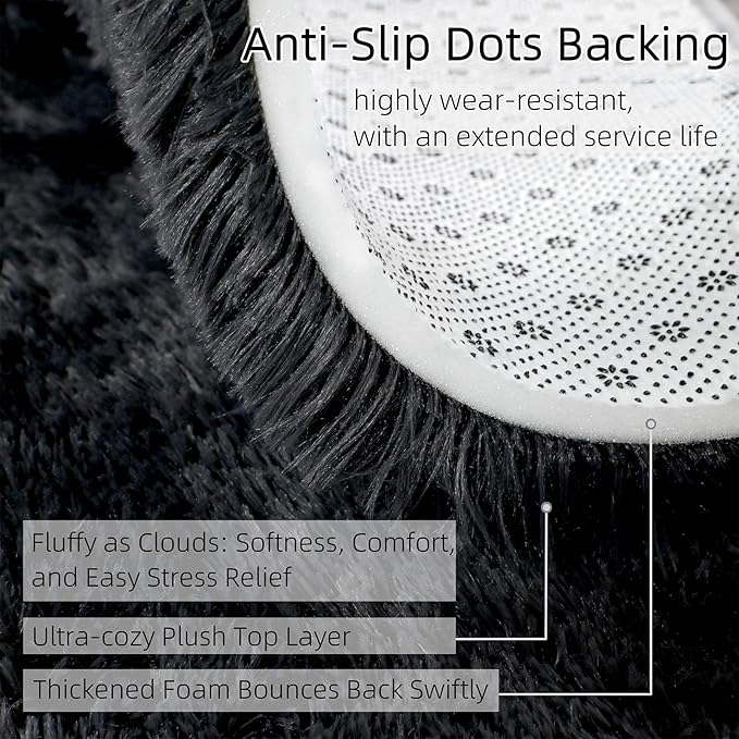 Shag Black Rug, 4x6 Area Rug for Dorm Bedroom Living Room, Non-Slip Ultra Fluffy Soft Area Rugs for Kids Room, Girls Room, Study, Office, Playroom, Easy to Clean, Modern Carpet Décor