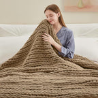 Negwoo Chunky Knit Throw Blanket, 40''*50'' Knitted Throw Chenille Yarn for Bed Couch, Handmade Light Brown Crochet Big Thick Blanket, Machine Washable Cute Comfy Blanket for Home Decor