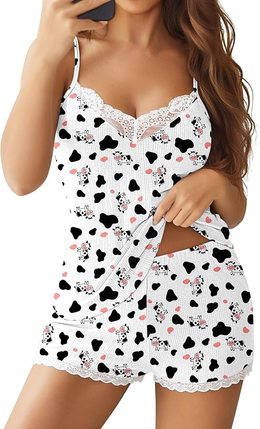 Ekouaer Womens Pajama Sets 2 Piece Lingerie Sleepwear Cute Cami Shorts Pjs Set Soft V Neck Lace Trim Nightwear
