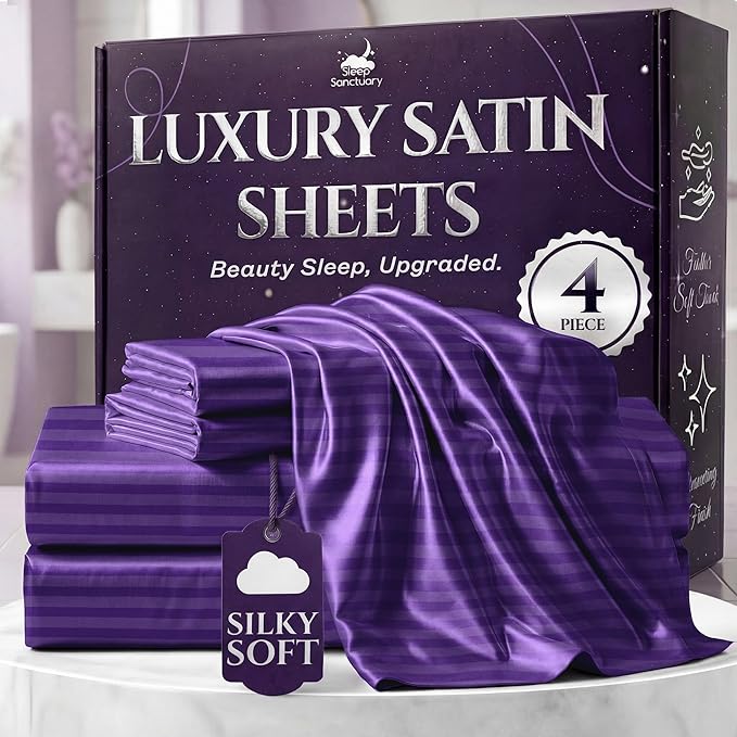 SLEEP SANCTUARY Satin Sheets Full Size – 4 Piece Luxury Silky Bed Set, Softer Than Silk, 15" Deep Pocket, Cooling & Wrinkle-Free, Moisture-Wicking & Breathable for Hair & Skin (Striped Purple)
