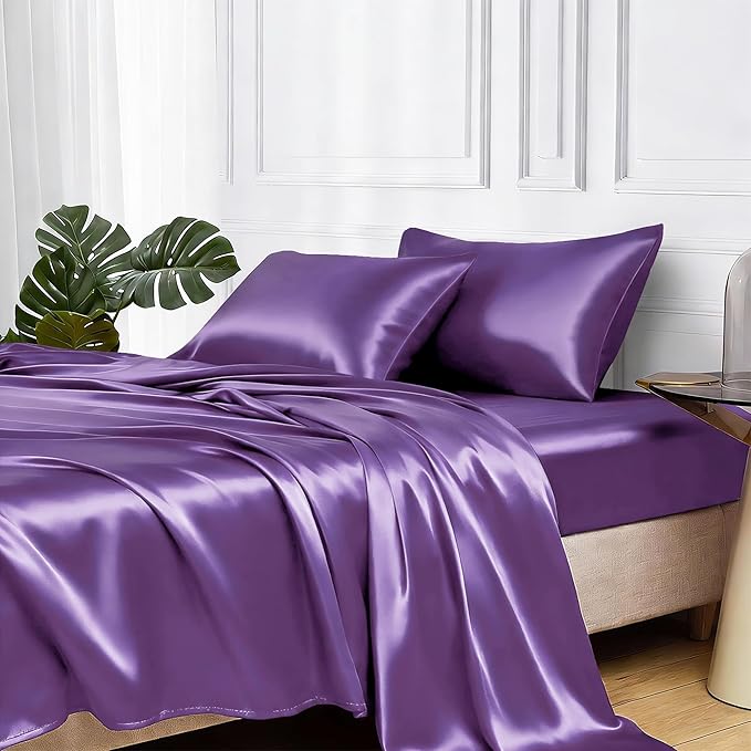 MR&HM Satin Bed Sheets, Twin XL Size Sheets Set, 3 Pcs Silky Bedding Set with 15 Inches Deep Pocket for Mattress (Twin XL, Lavender)