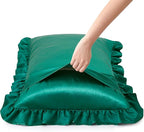 Silky Satin Ruffled Pillow Cases for Hair and Skin,Blackish Green Silk Pillowcases Queen Set of 2 with Envelope Closure Princess Room Decoration
