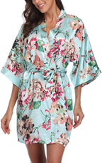 Women's Floral Satin Robes Bride Bridesmaid Getting Ready Robe Short Silky Kimono Sleepwear for Wedding Party