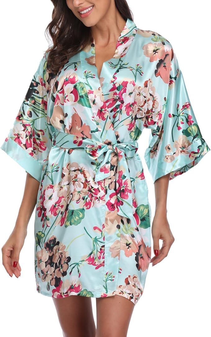 Women's Floral Satin Robes Bride Bridesmaid Getting Ready Robe Short Silky Kimono Sleepwear for Wedding Party