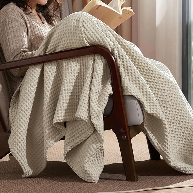 PHF Ultra Soft Waffle Weave Throw Blanket 50"x 60"- Washed Lightweight Breathable Cozy Woven Blanket for Bed - Aesthetic Decor for Couch Bedding Sofa Home Car - Light Khaki/Linen