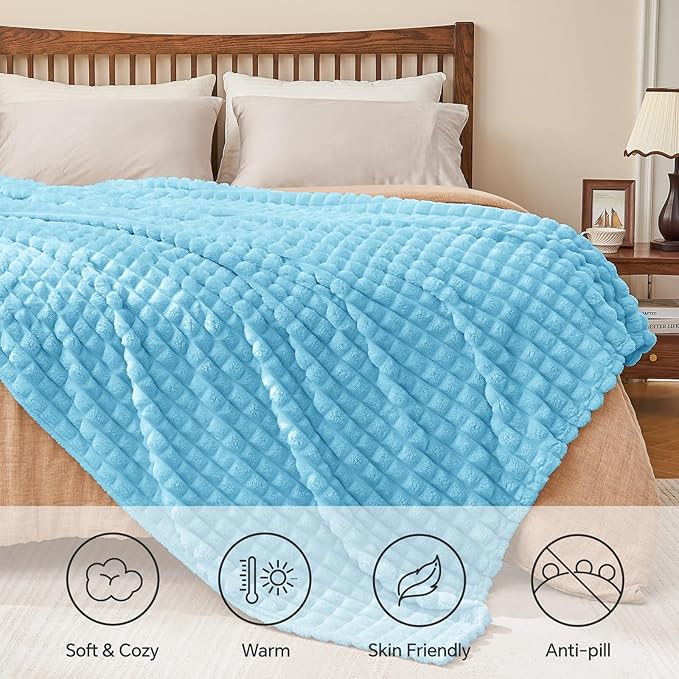 BEDELITE Light Blue Throw Blanket for Couch and Bed- Super Soft and Warm 3D Checkered Fluffy Fuzzy Fleece Blanket, Luxurious Plush Cozy Blanket for Room Decor Spring, 50x60 inches