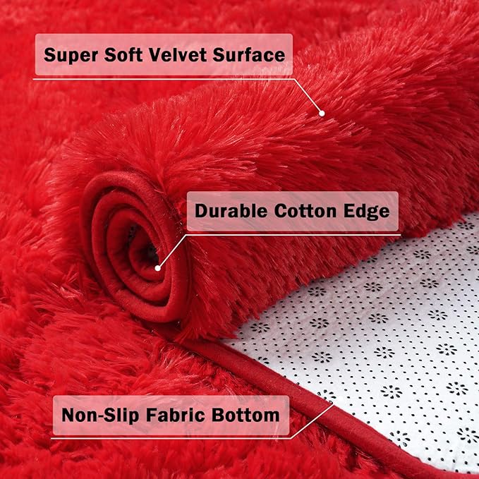 DETUM Red Rug 3x5 Feet - Fluffy Red Area Rugs for Bedroom Shaggy 3' X 5' Living Room Rug Soft Rugs for Kids Room Non-Slip Nursery Office Dorm Washable Carpets Home Decor