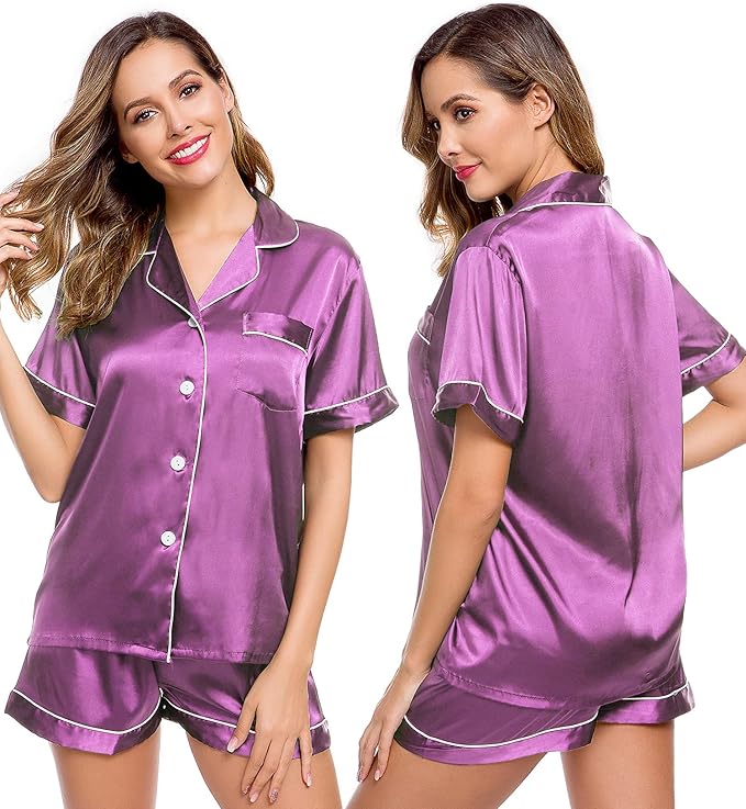 LecGee Womens Silk Satin Pajamas Short Sleeve Loungewear Two-Piece Sleepwear Button-Down Pj Set