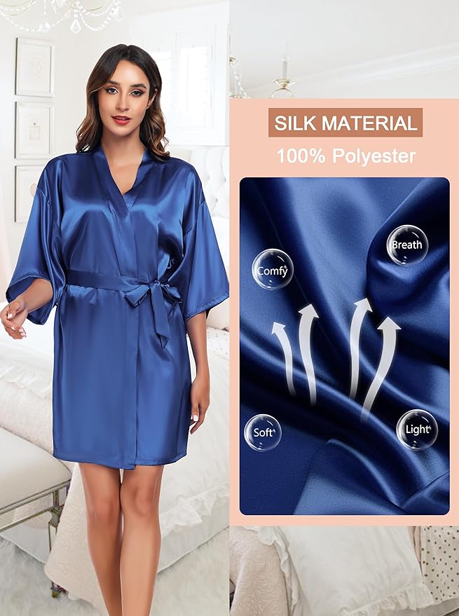 Women's Short Satin Robe Silky Bathrobes Bridal Bridesmaid Kimono Robe V-Neck Sleepwear S-XXL