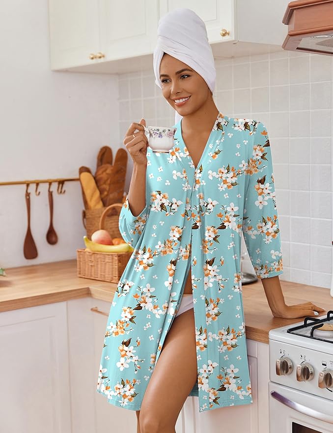 Ekouaer Women‘s Robes Lightweight 3/4 Sleeve Short Knit Bathrobe Soft Knee Length Sleepwear Robes with Pockets S-XXL