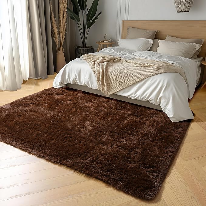 Amdrebio Dark Brown Area Rugs for Bedroom Living Room, 5x7 Fluffy Shaggy Plush Rugs for Kids Room Decor Aesthetic, Fuzzy Furry Chocolate Coffee Modern Cool Carpet for Classroom Playroom Dorm Nursery