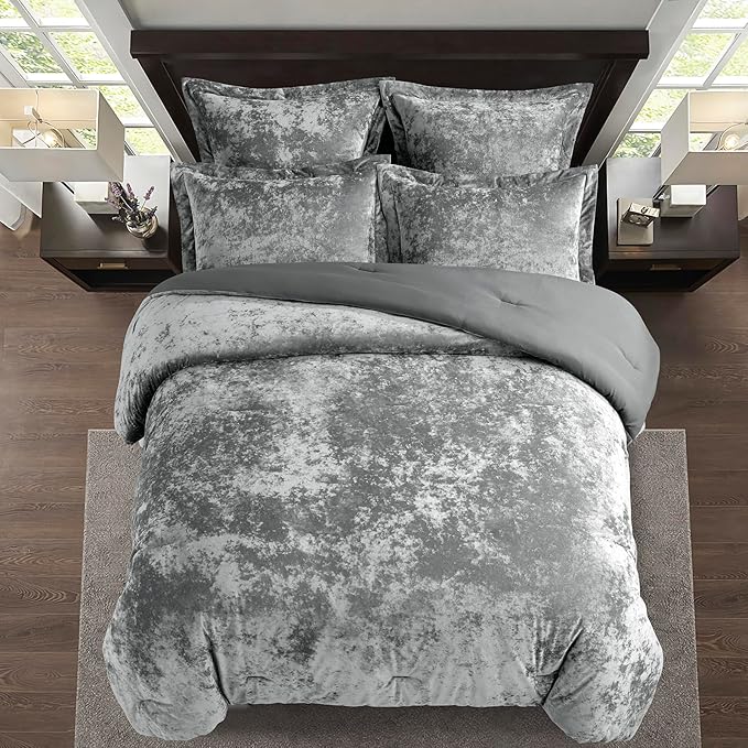 Fredsure Distressed Velvet Comforter Set, 5 Pieces Dark Grey Queen, Distressed Velvet Face and Brushed Microfiber Reverse
