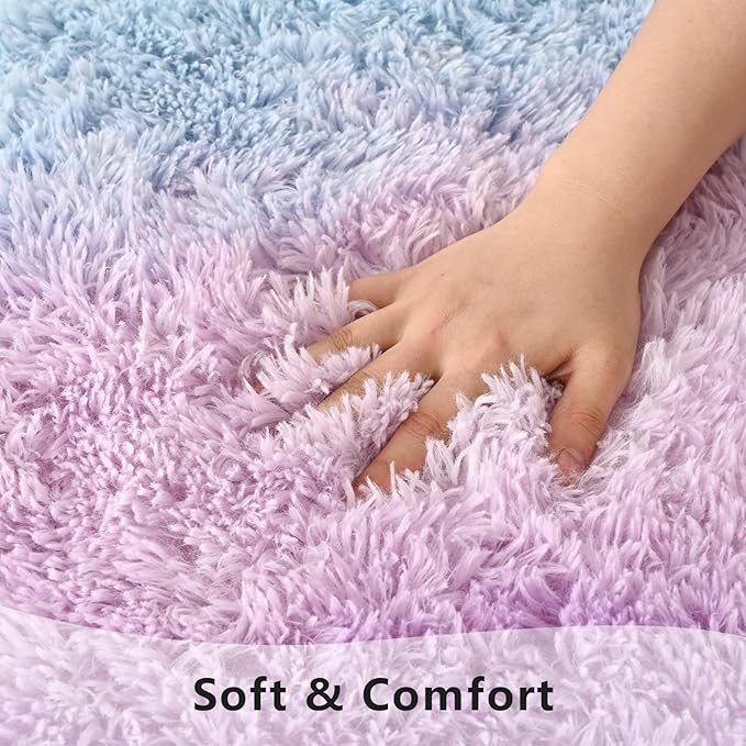 Purple Blue Area Rugs for Bedroom Living Room, 2x6 Feet Fluffy Bedside Rugs, Cute Carpet Rug for Kids Room Nursery, Furry Gradient Rugs for Girls Boys Dorm Room Home Decor
