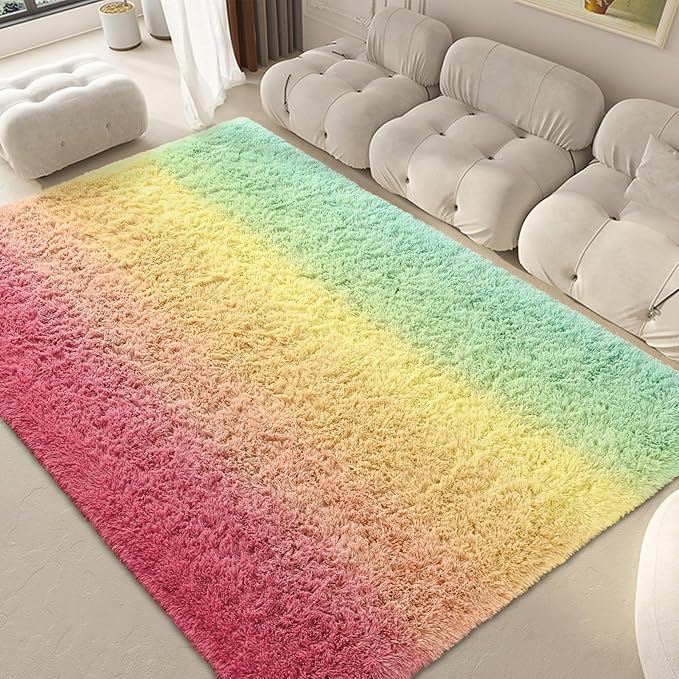 Pink-Cyan Area Rugs 4x6 Feet Rug for Bedroom Living Room, Cute Indoor Gradient Carpets, Plush Soft Rug for Kids Room, Fluffy Rugs for Girls Boys Nursery Room Home Decor