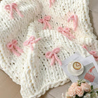 Mindsoft Pink Bow Chunky Knit Blanket Throw Large 50" X 60" 100% Handmade Cream Chenille Loop Yarn Fluffy Soft Knitted Throw Big Cozy Thick Cable Knit Crochet Blanket for Couch Sofa Bed