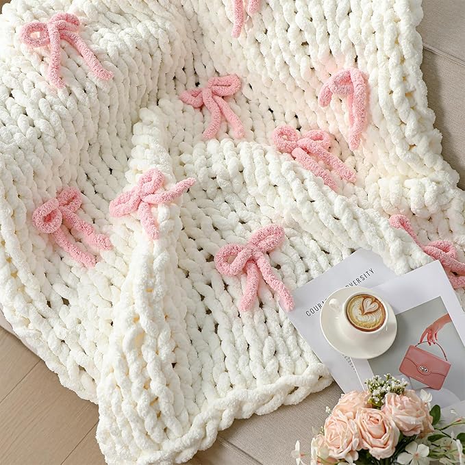 Mindsoft Pink Bow Chunky Knit Blanket Throw Large 50" X 60" 100% Handmade Cream Chenille Loop Yarn Fluffy Soft Knitted Throw Big Cozy Thick Cable Knit Crochet Blanket for Couch Sofa Bed