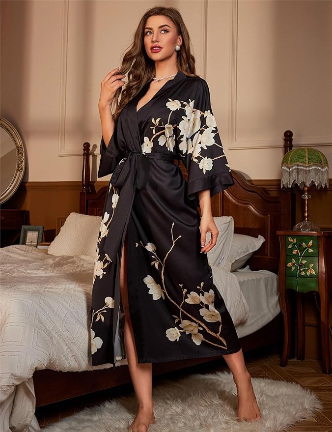 Kihnop Women's Floral Long Kimono Robe Long Satin Robe Long Silk Robe Ladies Kimonos Silky Bathrobe Cover Up, One Size