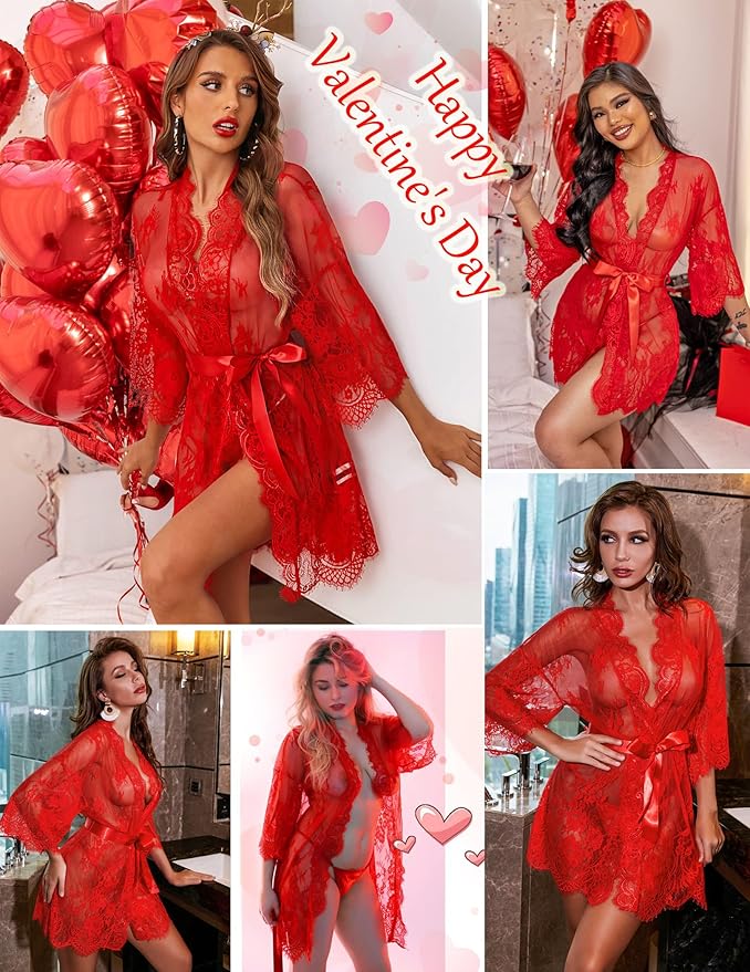 Avidlove Women's Lace Kimono Robe Babydoll Lingerie Mesh Nightgown S-5XL