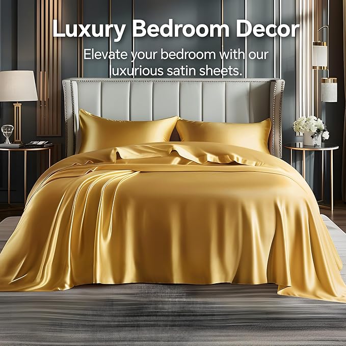BEDELITE Satin Sheets Full Size Bed Set, Luxury Soft Gold Silky Sheets for Hair and Skin, Similar to Silk Bed Sheets Set 4 Pieces with 1 Deep Pocket Fitted Sheet, 1 Flat Sheet, and 2 Pillowcases