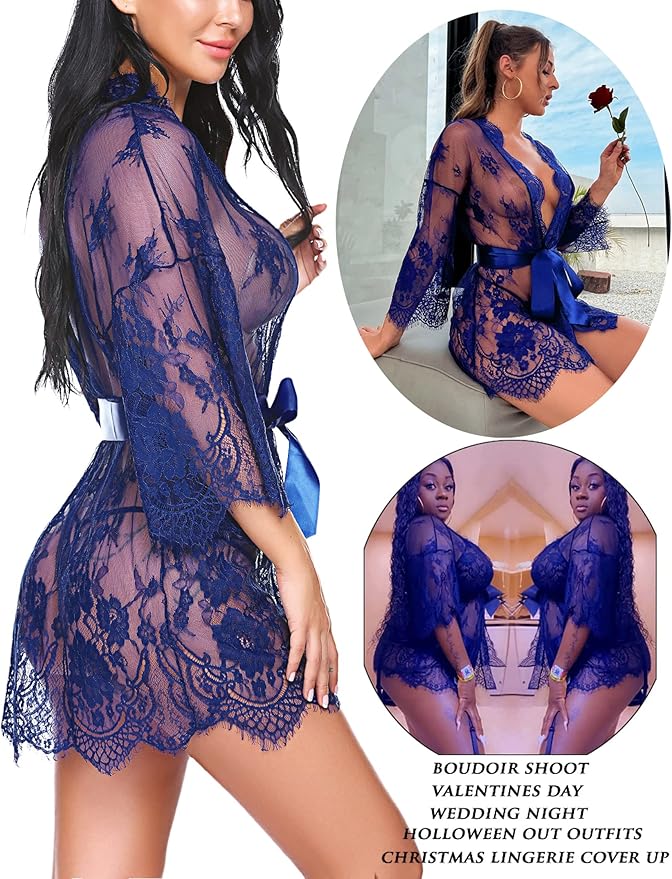 Avidlove Women's Lace Kimono Robe Babydoll Lingerie Mesh Nightgown S-5XL