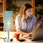 Hong-in Blue Crystal Lamp Touch Control Set of 2, Crystal Table Lamps with USB C+A Ports & AC Outlet, 3-Way Dimmable Nightstand Touch Lamp, Modern Bedside Table Lamp for Bedroom(Bulbs Included)
