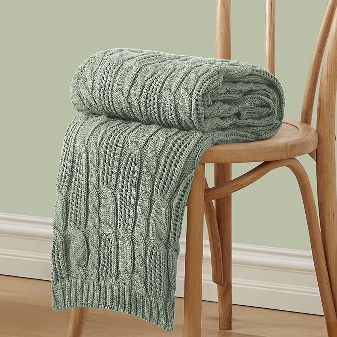 Aormenzy Cable Knit Throw Blankets 50 x 60 Inches, Soft Cozy and Lightweight Knitted Blanket, Machine Washable Acrylic Blanket, Decorative Throw Blanket for Couch Sofa Bed, Sage Green